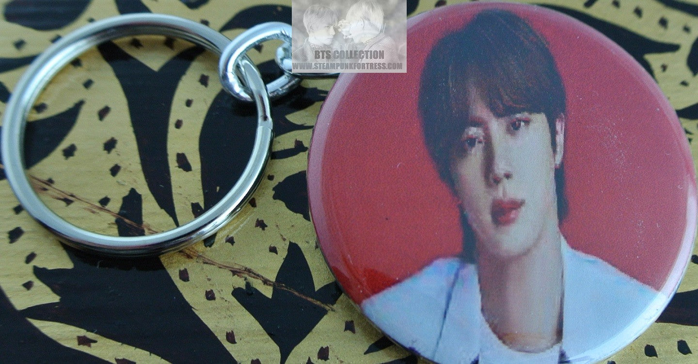 BTS BUTTON KEYCHAIN KIM SEOKJIN JIN WHITE SUIT RED BACKGROUND KEYRING KEY CHAIN RING