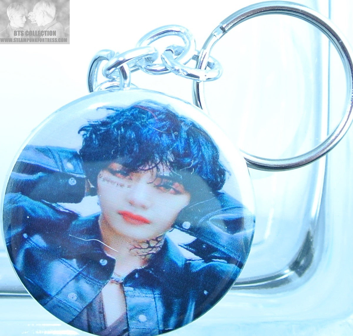 BTS BUTTON KEYCHAIN KEYRING V KIM TAEHYUNG ON PERFORMANCE BLACK LEATHER KEY CHAIN RING