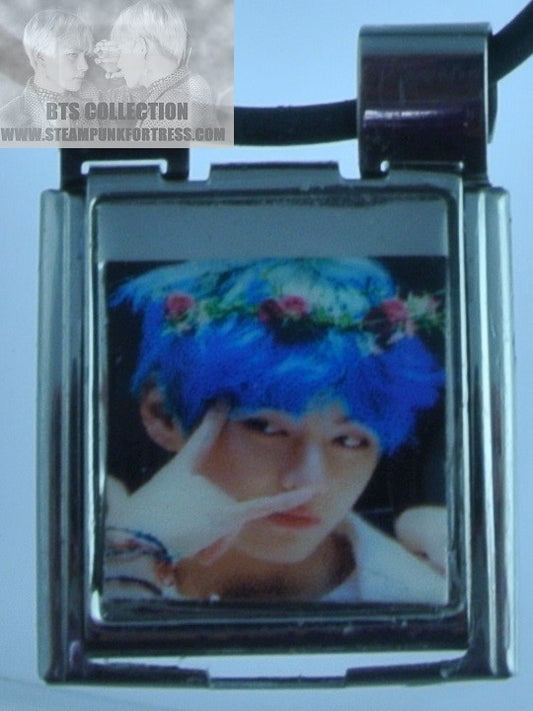 BTS NECKLACE MEGA CHARM LINK V KIM TAEHYUNG BLUE HAIR ASL FANSIGN BLACK CORD ADJUSTABLE