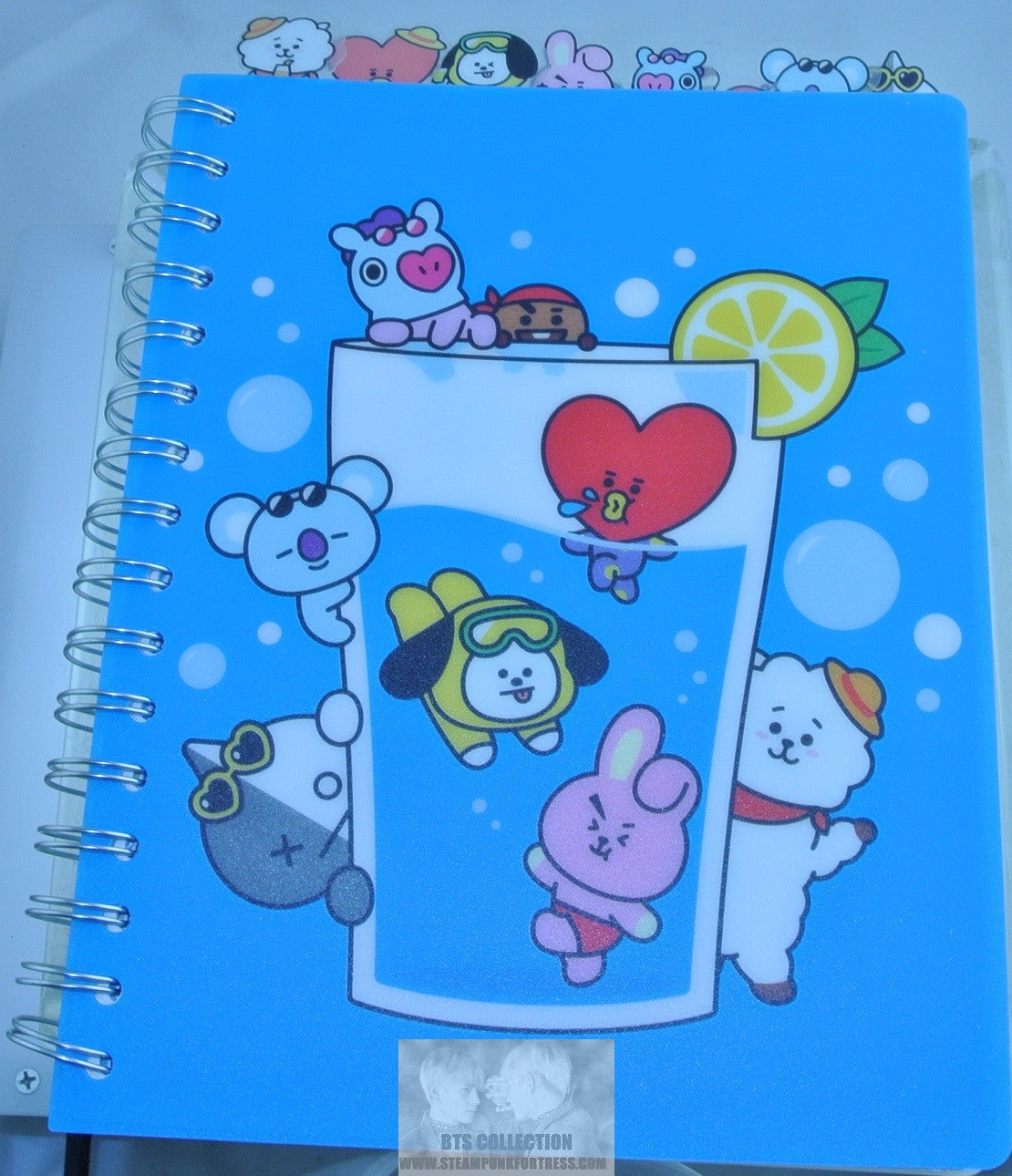 BTS NOTEBOOK JOURNAL BT21 SUMMER GLASS WATER BLUE 144 LINED PAGES TOTAL SEPERATORS COOKY TATA CHIMMY KOYA MANG SHOOKY RJ