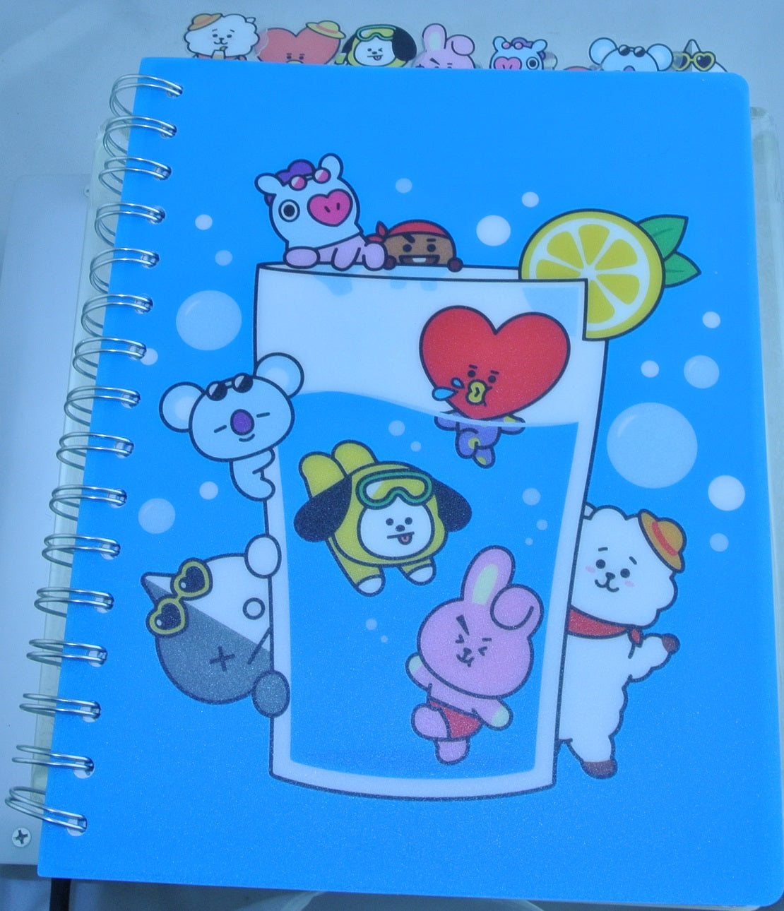 BTS NOTEBOOK JOURNAL BT21 SUMMER GLASS WATER BLUE 144 LINED PAGES TOTAL SEPERATORS COOKY TATA CHIMMY KOYA MANG SHOOKY RJ