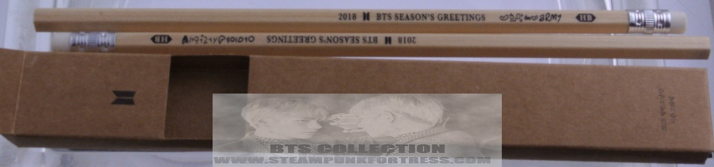 BTS GROUP 2018 SEASONS GREETINGS SET OF 2 PENCILS WOOD JUNGKOOK V JIMIN RM J-HOPE SUGA JIN OFFICIAL MERCHANDISE