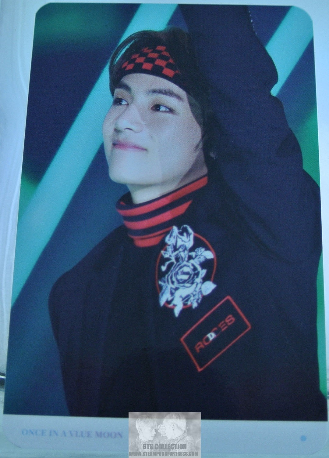 BTS PHOTOCARD V KIM TAEHYUNG VIA FANSITE RED BLACK HEADBAND BLACK SHIRT ONCE IN A VLUE MOON PHOTO CARD