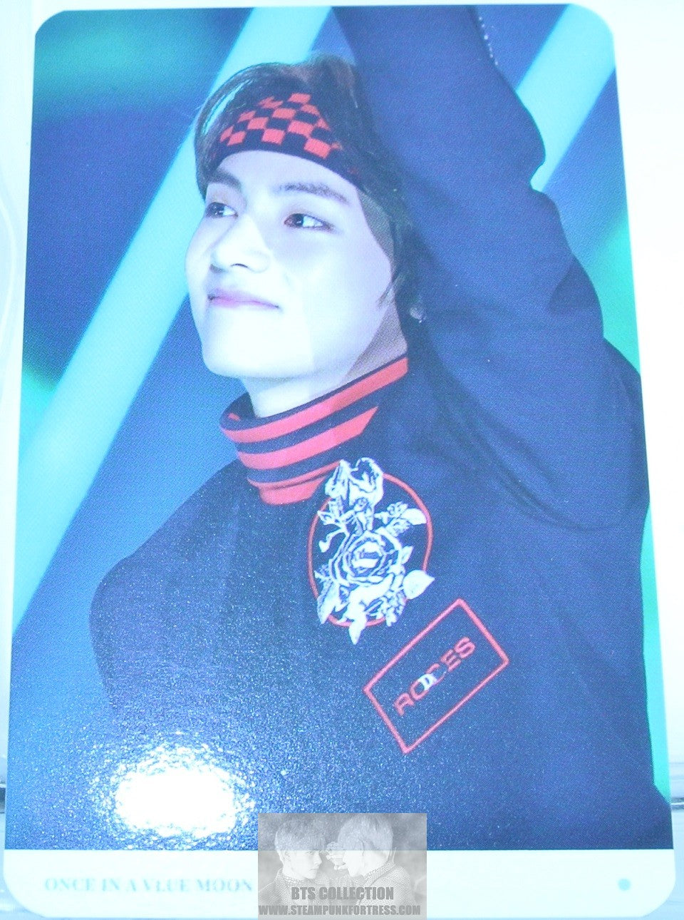 BTS PHOTOCARD V KIM TAEHYUNG VIA FANSITE RED BLACK HEADBAND BLACK SHIRT ONCE IN A VLUE MOON PHOTO CARD