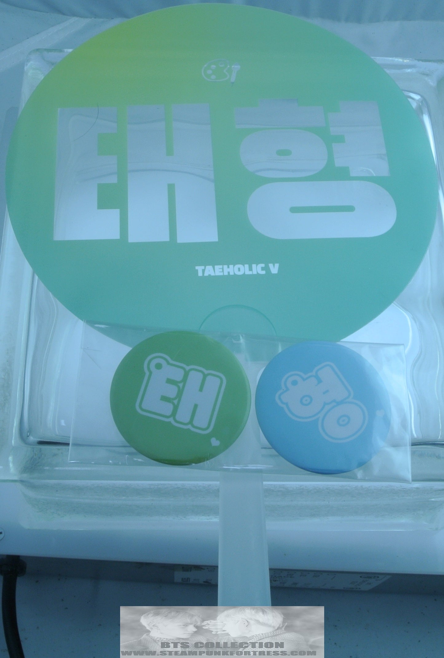 BTS PICKET V KIM TAEHYUNG KOREAN HANGUL SIGN 2 BUTTONS CLEAR GREEN SLOGAN SIGN TAEHOLIC V FANSITE