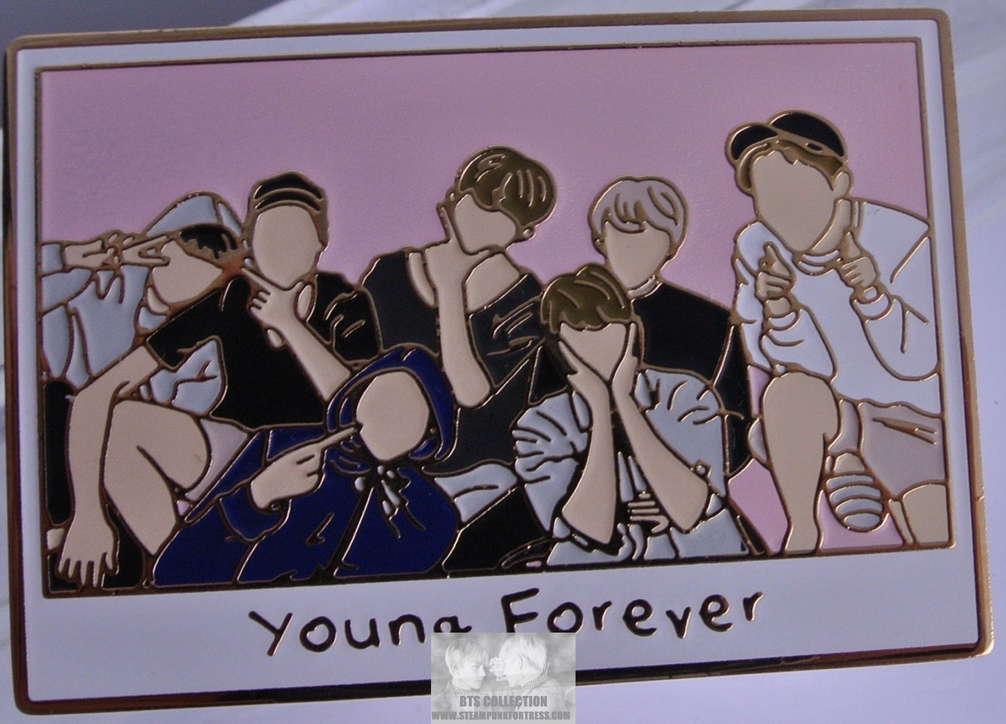 BTS ENAMEL PIN GOLD GROUP YOUNG FOREVER POLAROID PINK BACKGROUND V JUNGKOOK JIMIN JIN RM J-HOPE SUGA