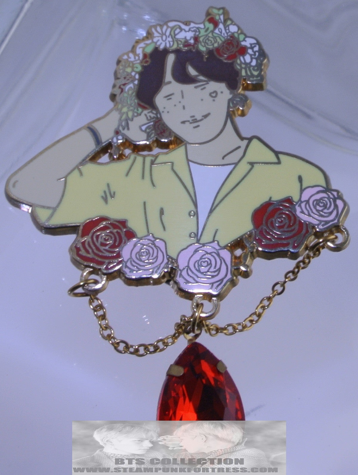 BTS ENAMEL PIN BADGE BUTTON JUNG HOSEOK J-HOPE GOLD FLOWER TIARA ROSES RED CRYSTAL DROP CHAINS YELLOW SHIRT