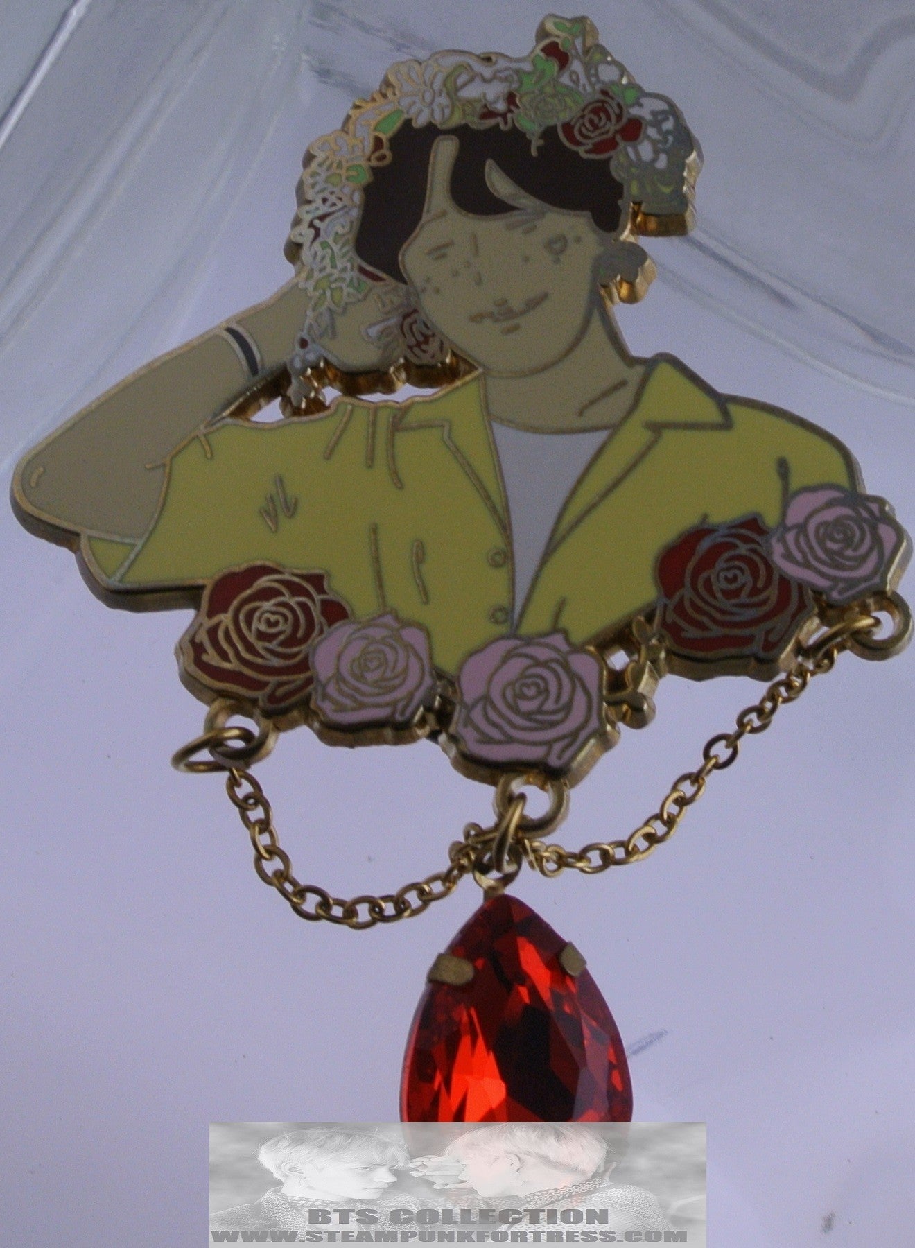 BTS ENAMEL PIN BADGE BUTTON JUNG HOSEOK J-HOPE GOLD FLOWER TIARA ROSES RED CRYSTAL DROP CHAINS YELLOW SHIRT