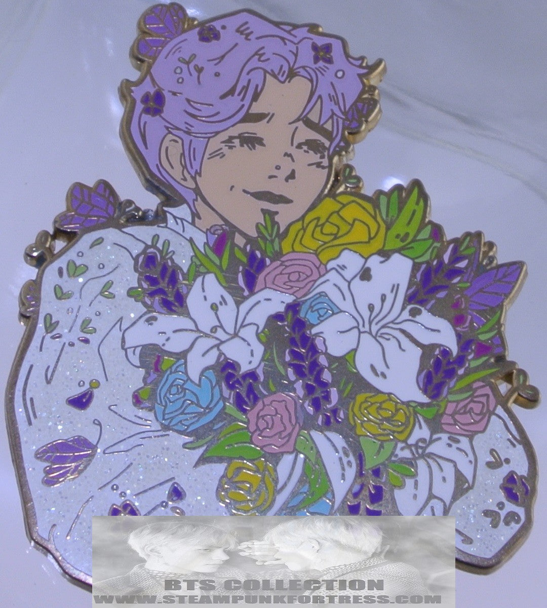 BTS ENAMEL PIN BADGE BUTTON RM KIM NAMJOON GOLD LAVENDER HAIR PURPLE WHITE SHIRT FLOWERS MANQCHI PINS