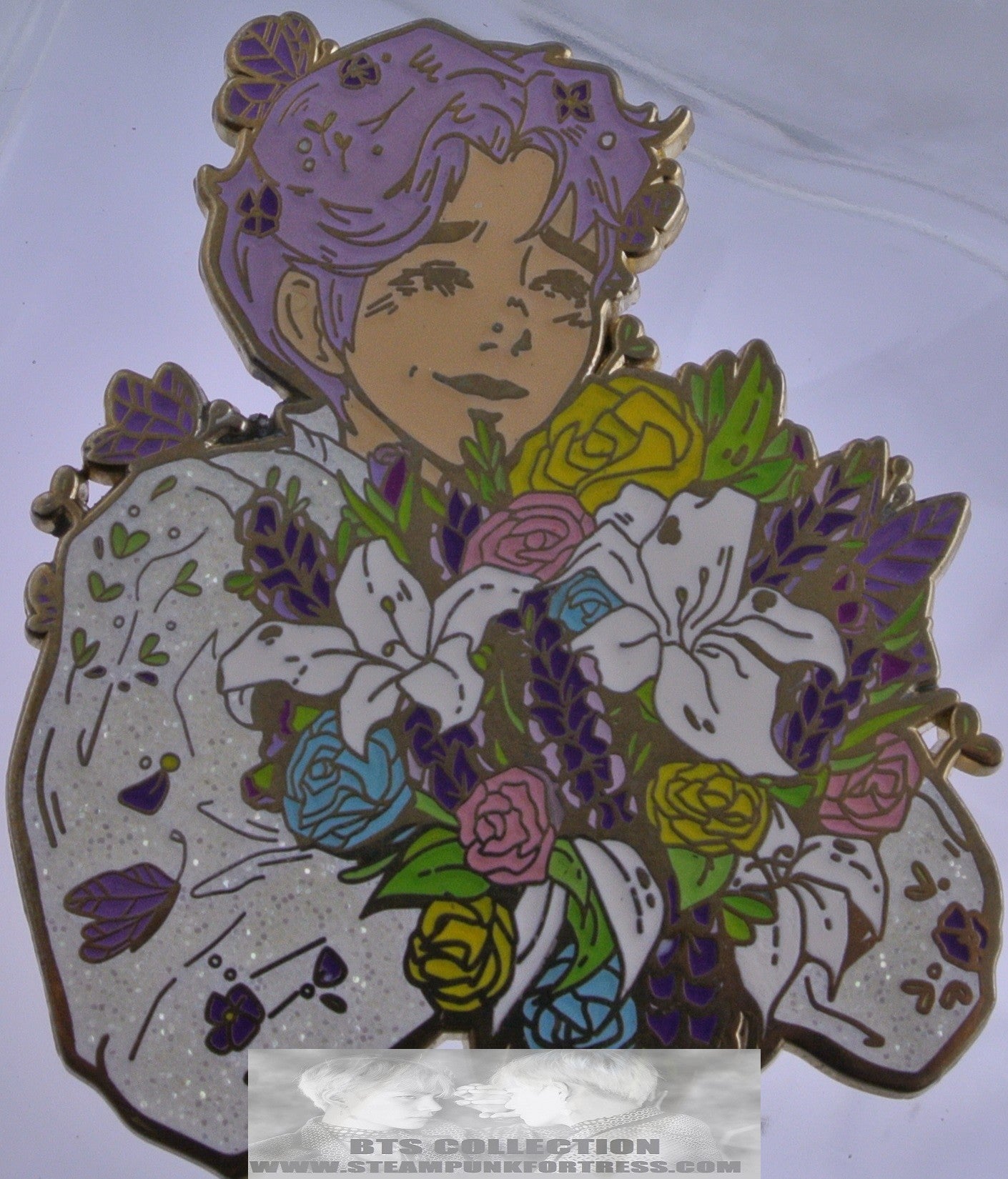 BTS ENAMEL PIN BADGE BUTTON RM KIM NAMJOON GOLD LAVENDER HAIR PURPLE WHITE SHIRT FLOWERS MANQCHI PINS