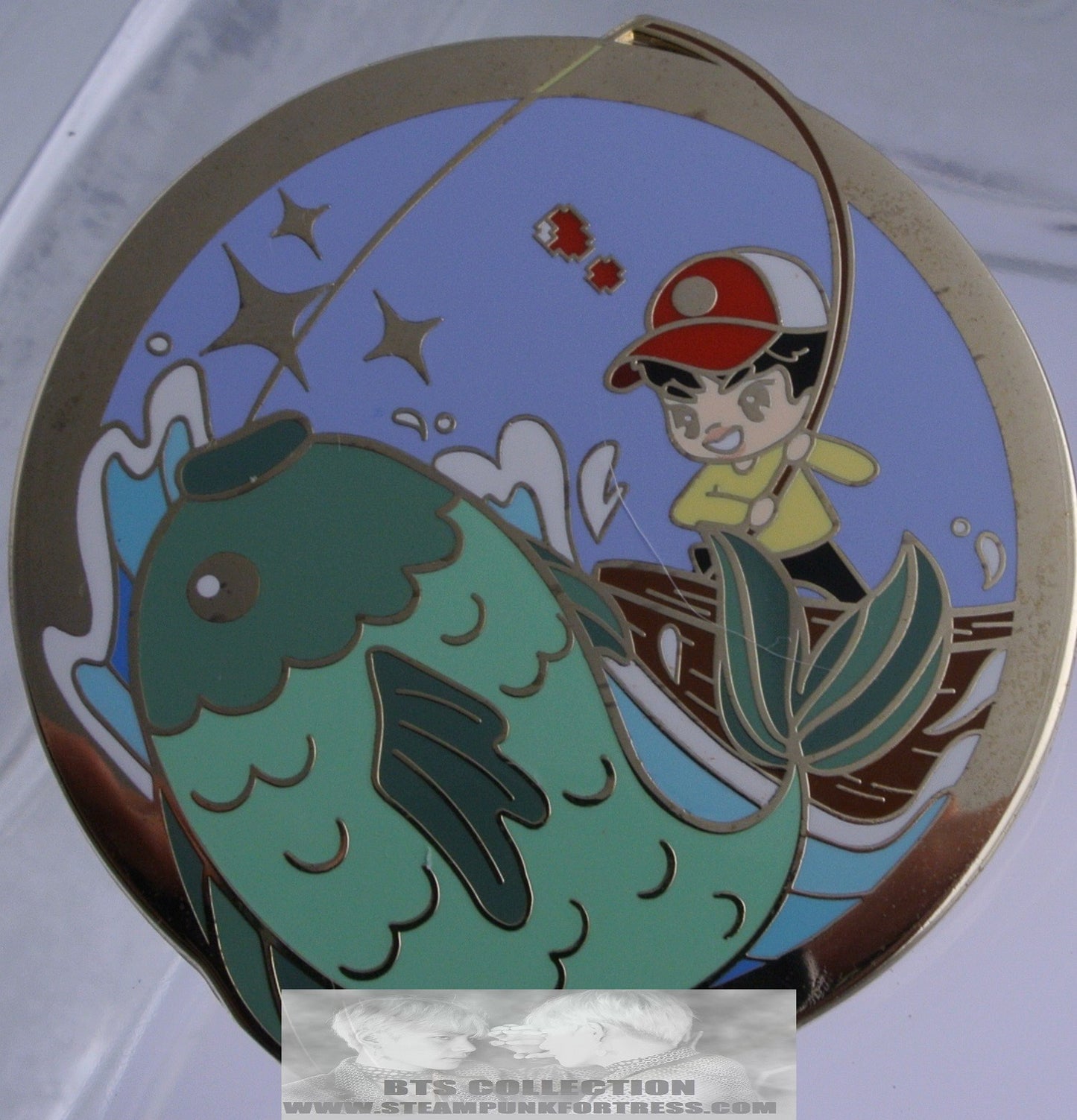 BTS ENAMEL PIN BADGE BUTTON JIN KIM SEOKJIN GOLD CHIBI FISHING CATCHING TUNA