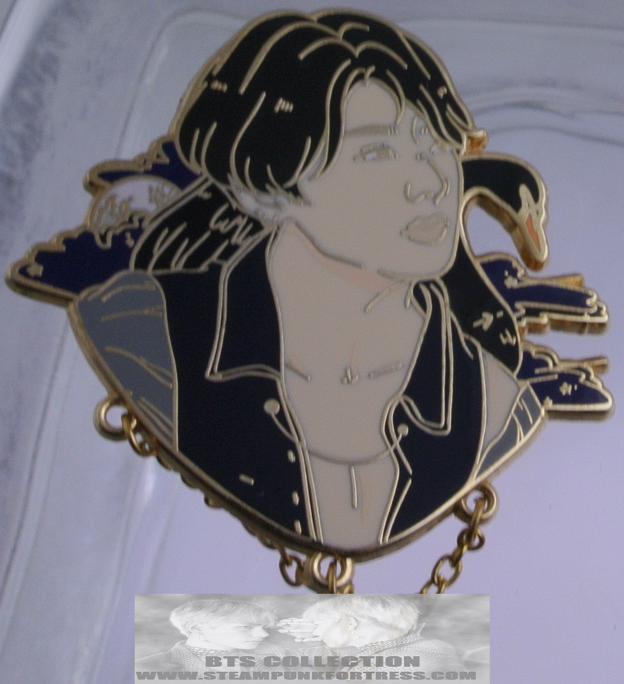 BTS ENAMEL PIN BADGE BUTTON JEON JUNGKOOK GOLD BLACK SWAN BLACK JACKET GOLD CHAIN