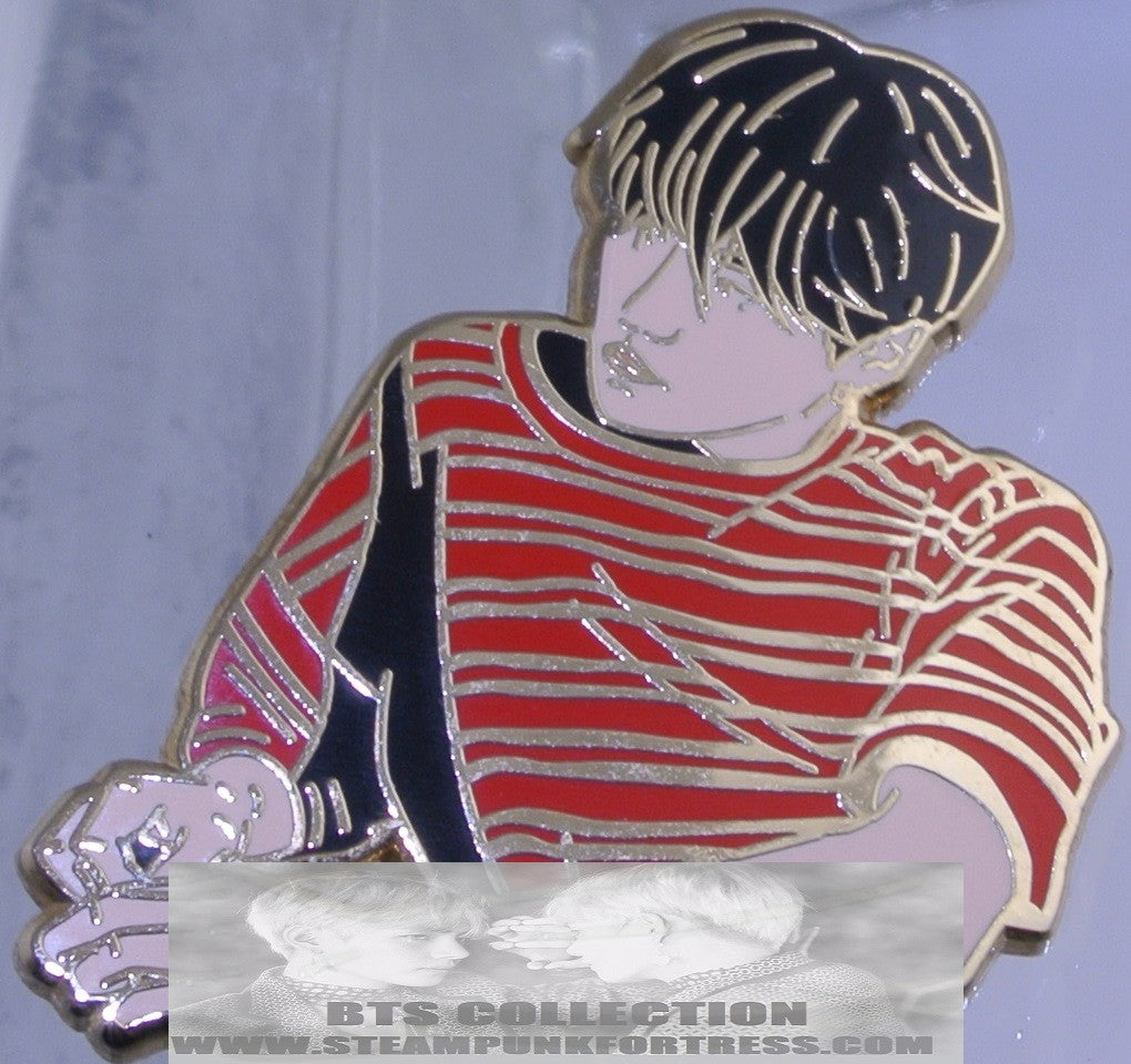 BTS ENAMEL PIN BADGE BUTTON SUGA MIN YOONGI GOLD RED STRIPED SHIRT