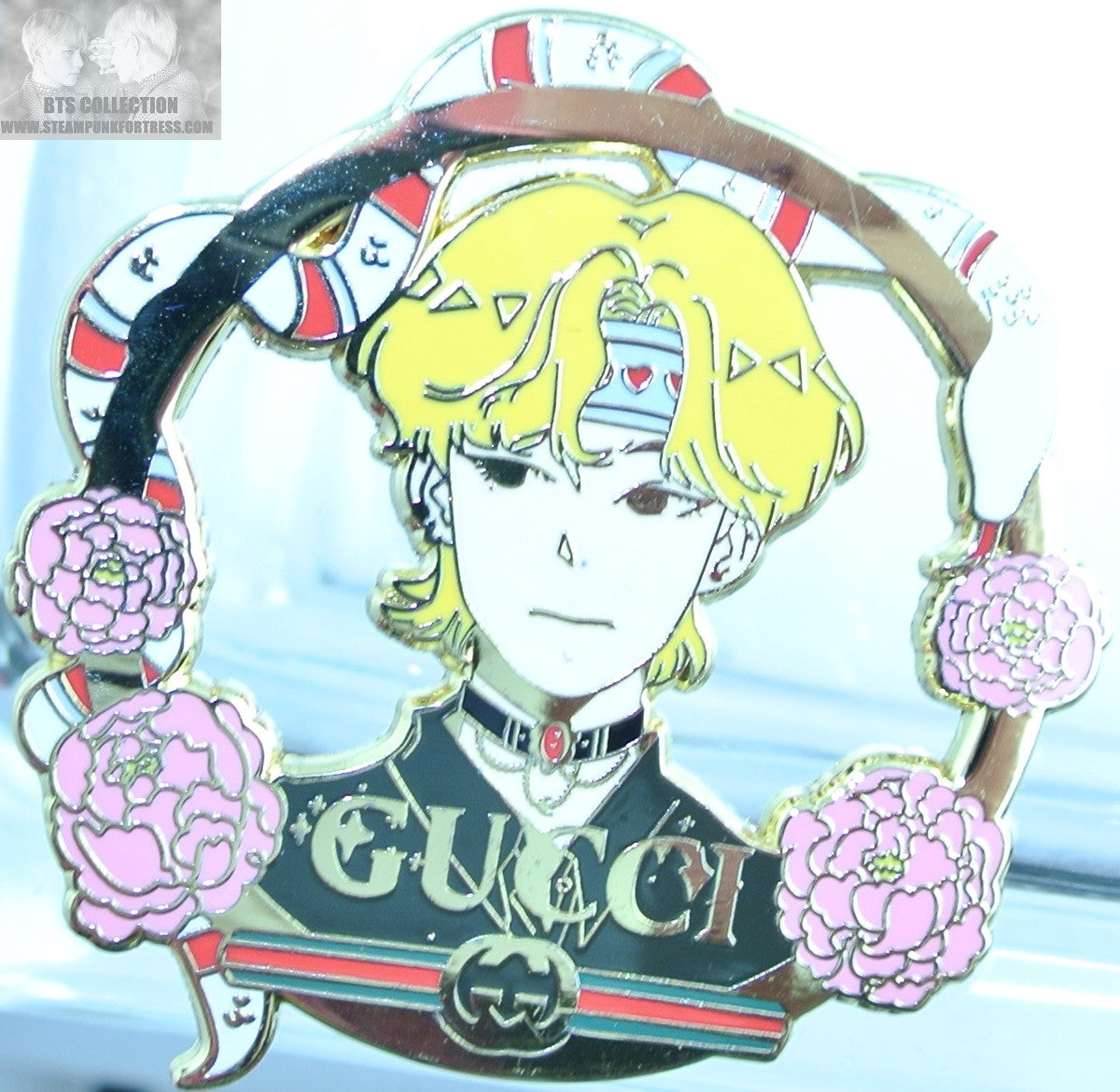 BTS ENAMEL PIN BADGE BUTTON V KIM TAEHYUNG GOLD BLOND HAIR GUCCI BOY FLOWERS