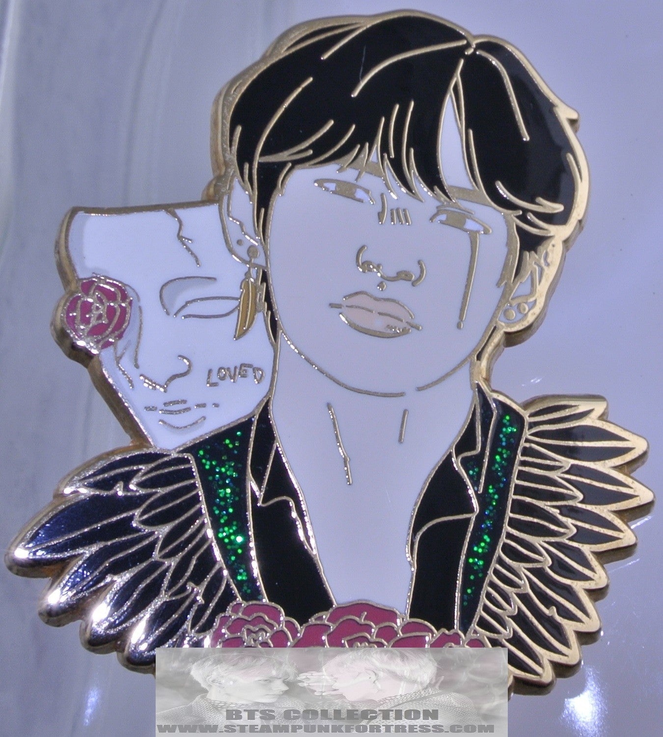 BTS ENAMEL PIN BADGE BUTTON KIM TAEHYUNG V GOLD SINGULARITY MASK ROSE BLACK FEATHERS