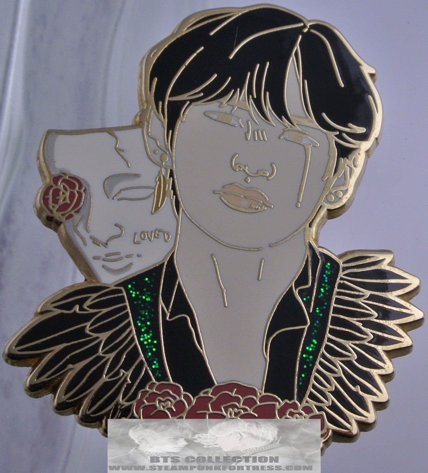 BTS ENAMEL PIN BADGE BUTTON KIM TAEHYUNG V GOLD SINGULARITY MASK ROSE BLACK FEATHERS