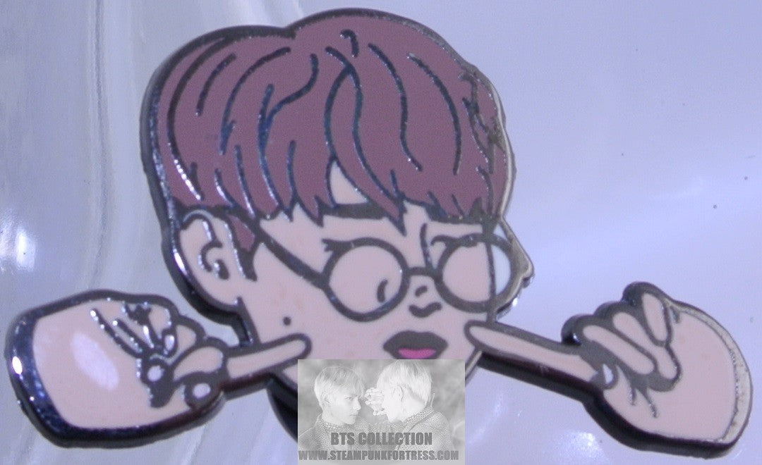 BTS ENAMEL PIN BADGE BUTTON JEON JUNGKOOK GUNMETAL GLASSES FINGERS ON CHEEKS PINS OVER FLOWERS