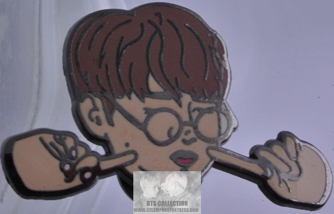 BTS ENAMEL PIN BADGE BUTTON JEON JUNGKOOK GUNMETAL GLASSES FINGERS ON CHEEKS PINS OVER FLOWERS