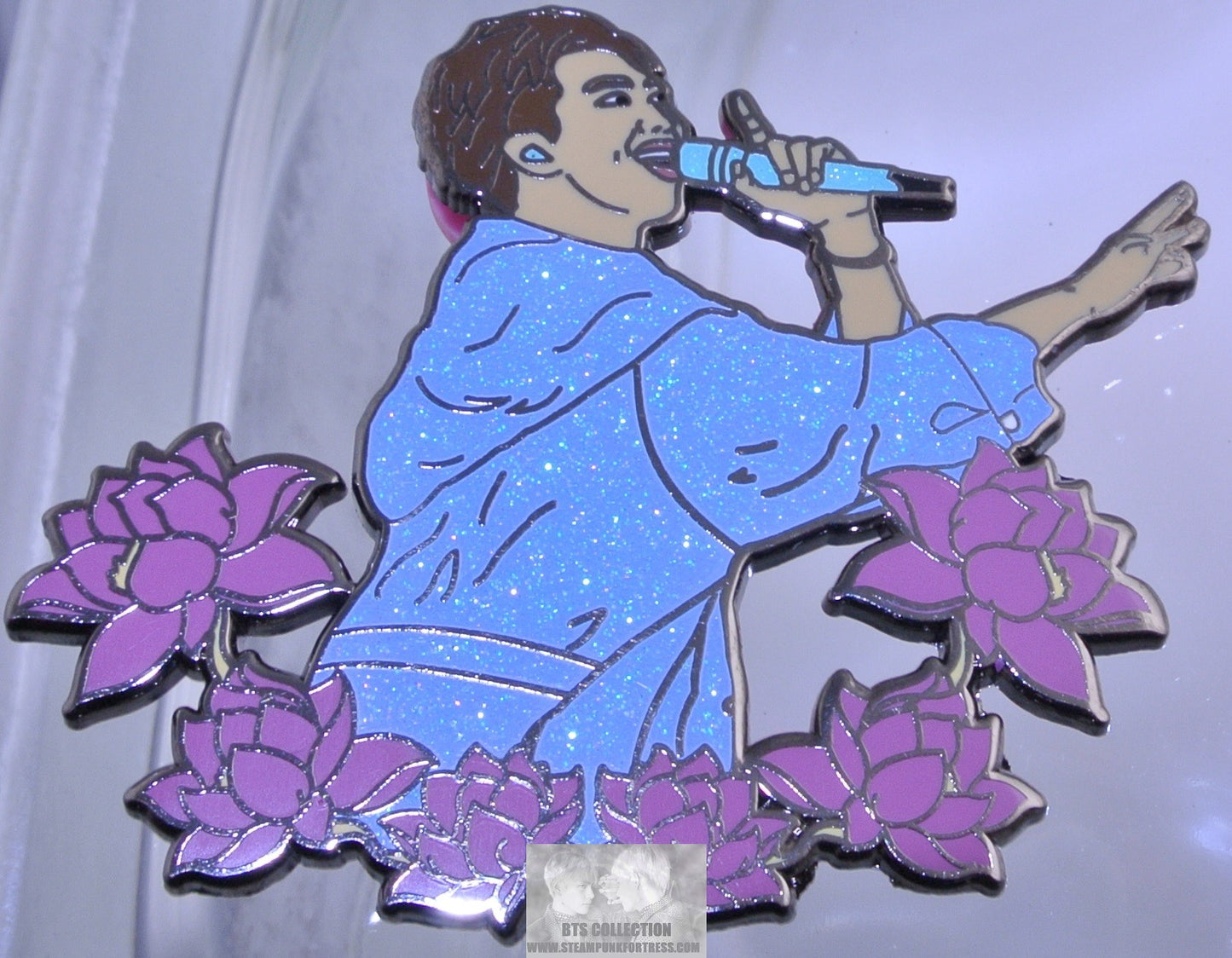 BTS ENAMEL PIN BADGE BUTTON GUNMETAL RM KIM NAMJOON BLUE GLITTER PURPLE FLOWERS