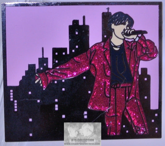 BTS ENAMEL PIN BADGE BUTTON GUNMETAL SUGA MIN YOONGI SEESAW RED GLITTER CITYSCAPE