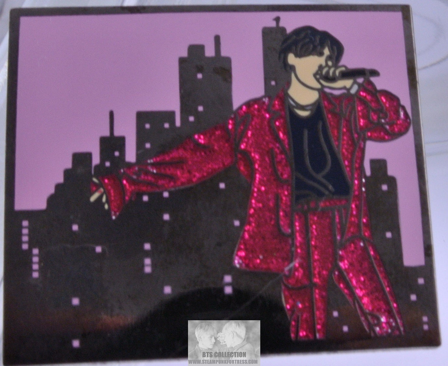 BTS ENAMEL PIN BADGE BUTTON GUNMETAL SUGA MIN YOONGI SEESAW RED GLITTER CITYSCAPE