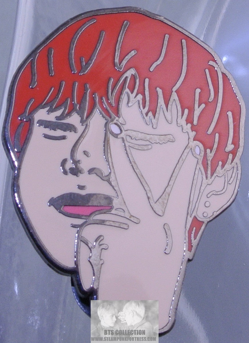 BTS ENAMEL PIN BADGE BUTTON GUNMETAL V KIM TAEHYUNG RED HAIR V SIGN OVER EYE PINS OVER FLOWERS