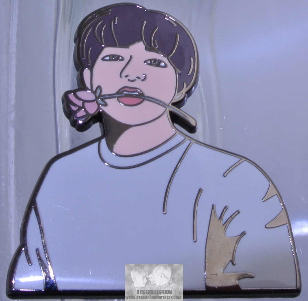 BTS ENAMEL PIN BADGE BUTTON GUNMETAL V KIM TAEHYUNG GREY SWEATER ROSE IN MOUTH BUBBLE TAE WITH SUGA PINS