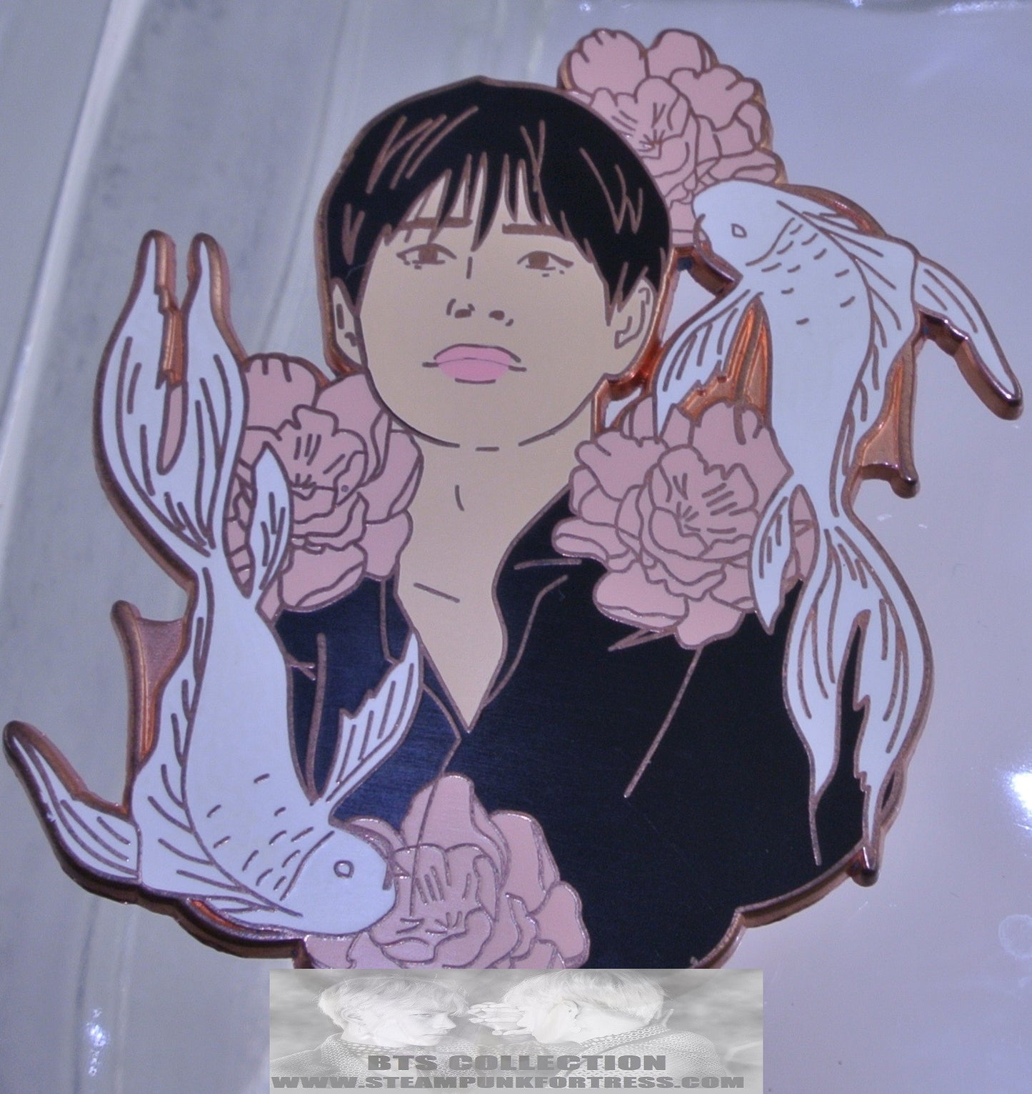 BTS ENAMEL PIN BADGE ROSE GOLD COPPER V KIM TAEHYUNG KOI FISH PINK FLOWERS BLACK SHIRT ROSIE BANGTAN PINS