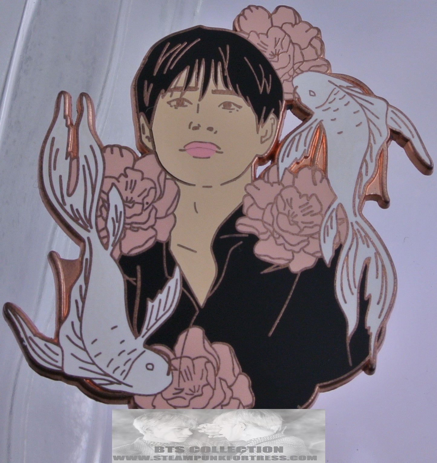 BTS ENAMEL PIN BADGE ROSE GOLD COPPER V KIM TAEHYUNG KOI FISH PINK FLOWERS BLACK SHIRT ROSIE BANGTAN PINS