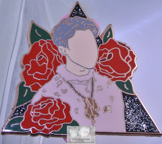 BTS ENAMEL PIN BADGE ROSE GOLD COPPER PARK JIMIN SILVER HAIR PINK SHIRT RED FLOWERS BUTTON