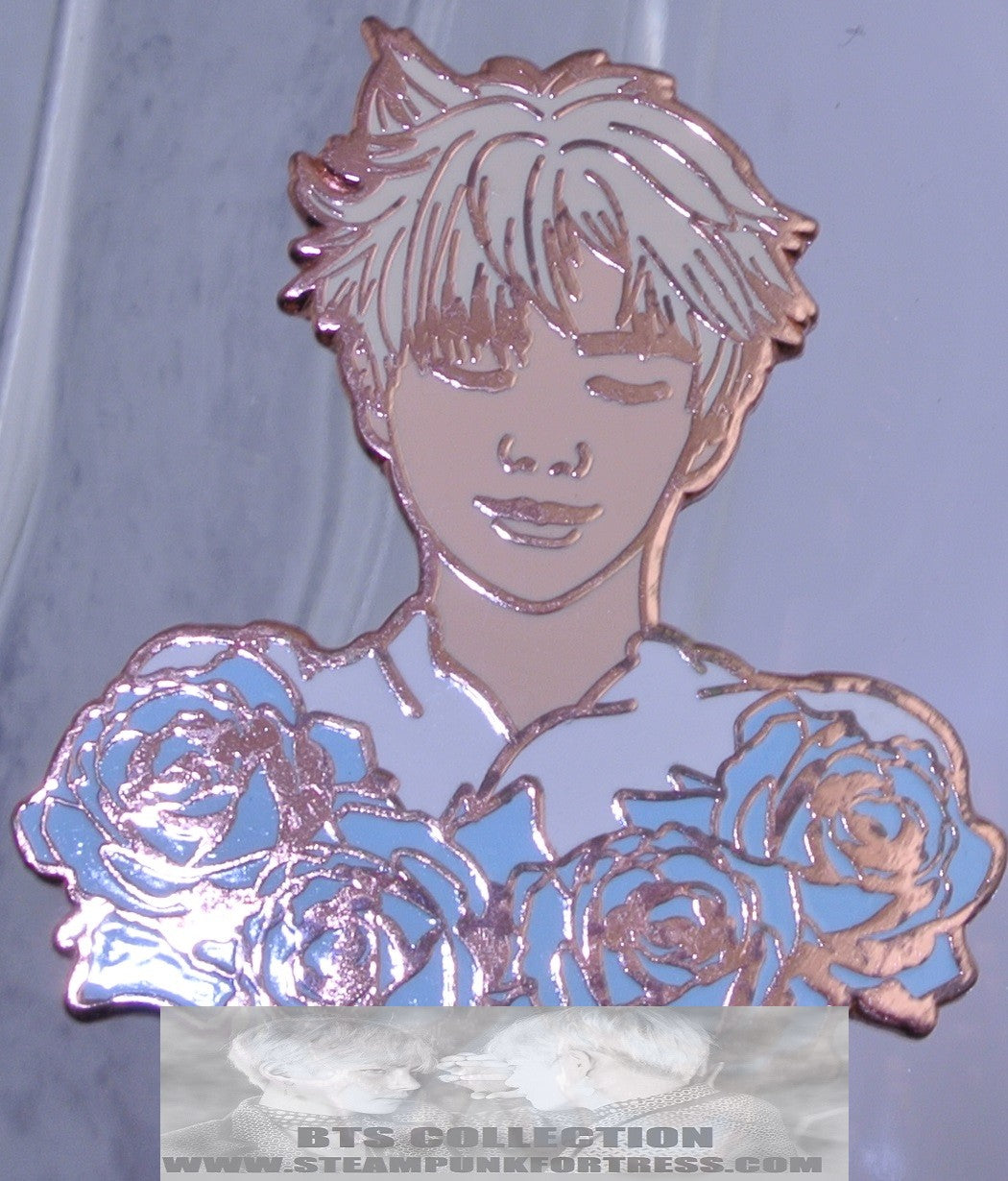 BTS ENAMEL PIN BADGE BUTTON KIM NAMJOON RM ROSE GOLD COPPER BLOND HAIR BLUE ROSES STARCANDY PINS