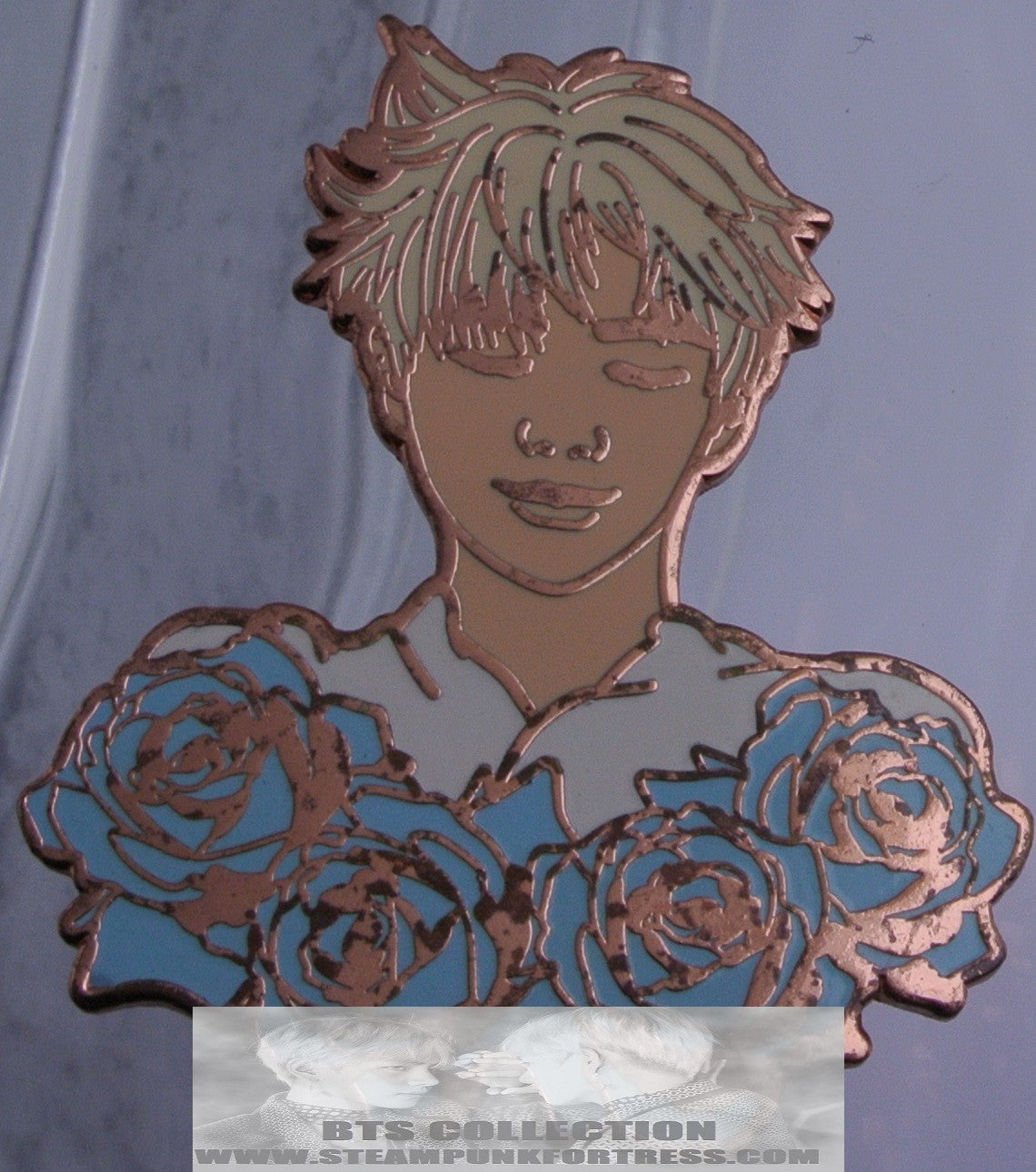 BTS ENAMEL PIN BADGE BUTTON KIM NAMJOON RM ROSE GOLD COPPER BLOND HAIR BLUE ROSES STARCANDY PINS