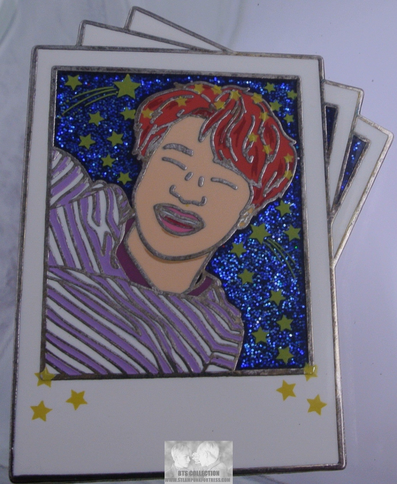 BTS ENAMEL PIN BADGE BUTTON SILVER PARK JIMIN POLAROID PINK HAIR PURPLE STRIPED SHIRT