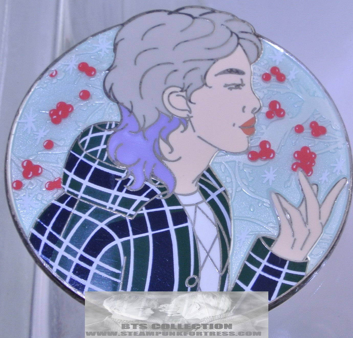 BTS ENAMEL PIN BADGE BUTTON RM KIM NAMJOON SILVER BLUE PLAID JACKET HEARTS MOON ROSE CAFE PINS