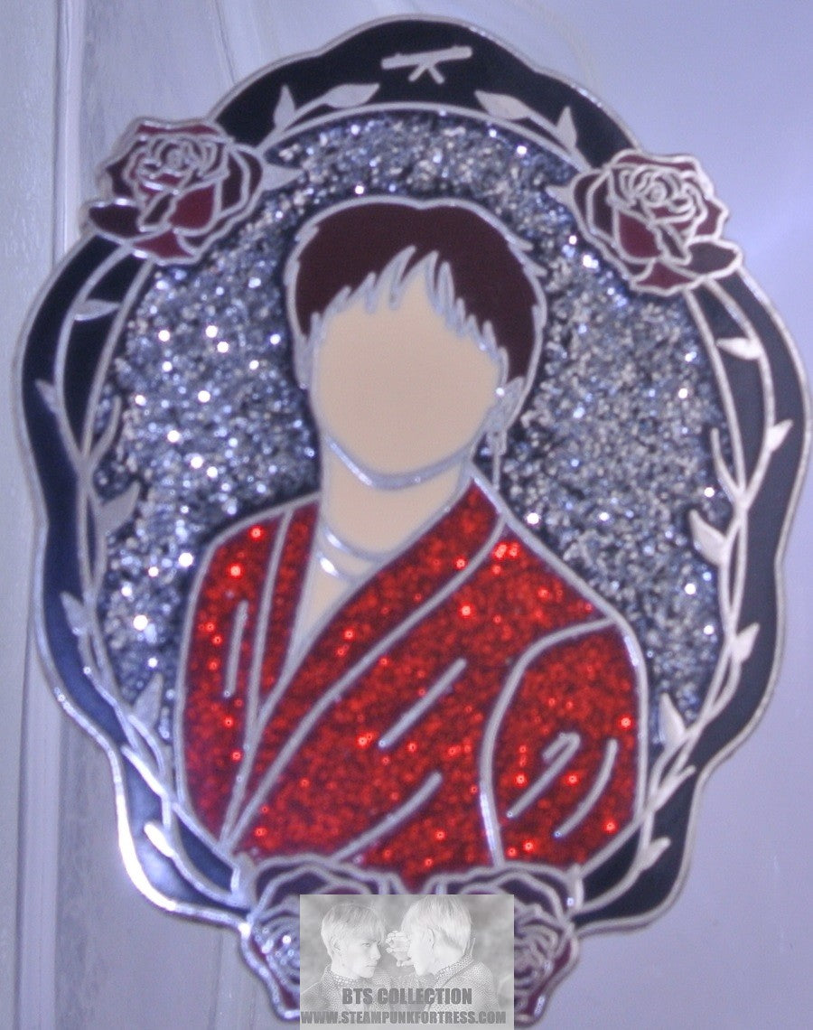 BTS ENAMEL PIN BADGE BUTTON SUGA MIN YOONGI SILVER SEESAW RED GLITTER SUIT FRAME SILVER GLITTER ELYSIAN PINS