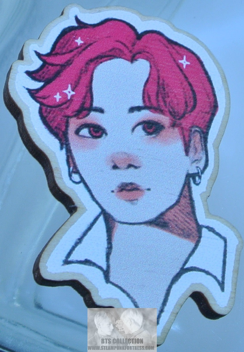 BTS WOOD PIN BADGE BUTTON JEON JUNGKOOK RED HAIR WHITE SHIRT