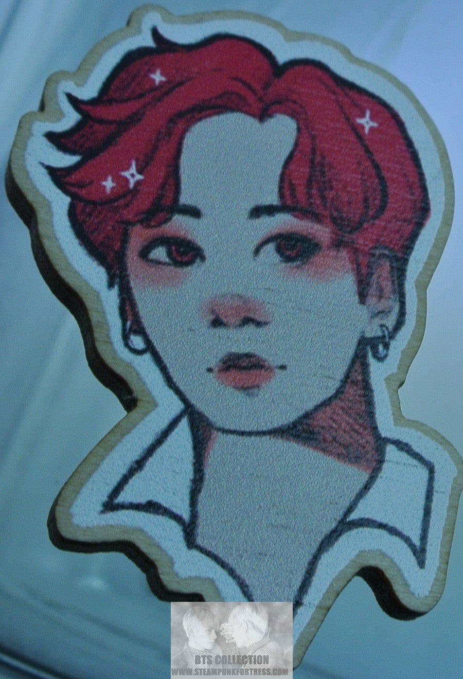 BTS WOOD PIN BADGE BUTTON JEON JUNGKOOK RED HAIR WHITE SHIRT