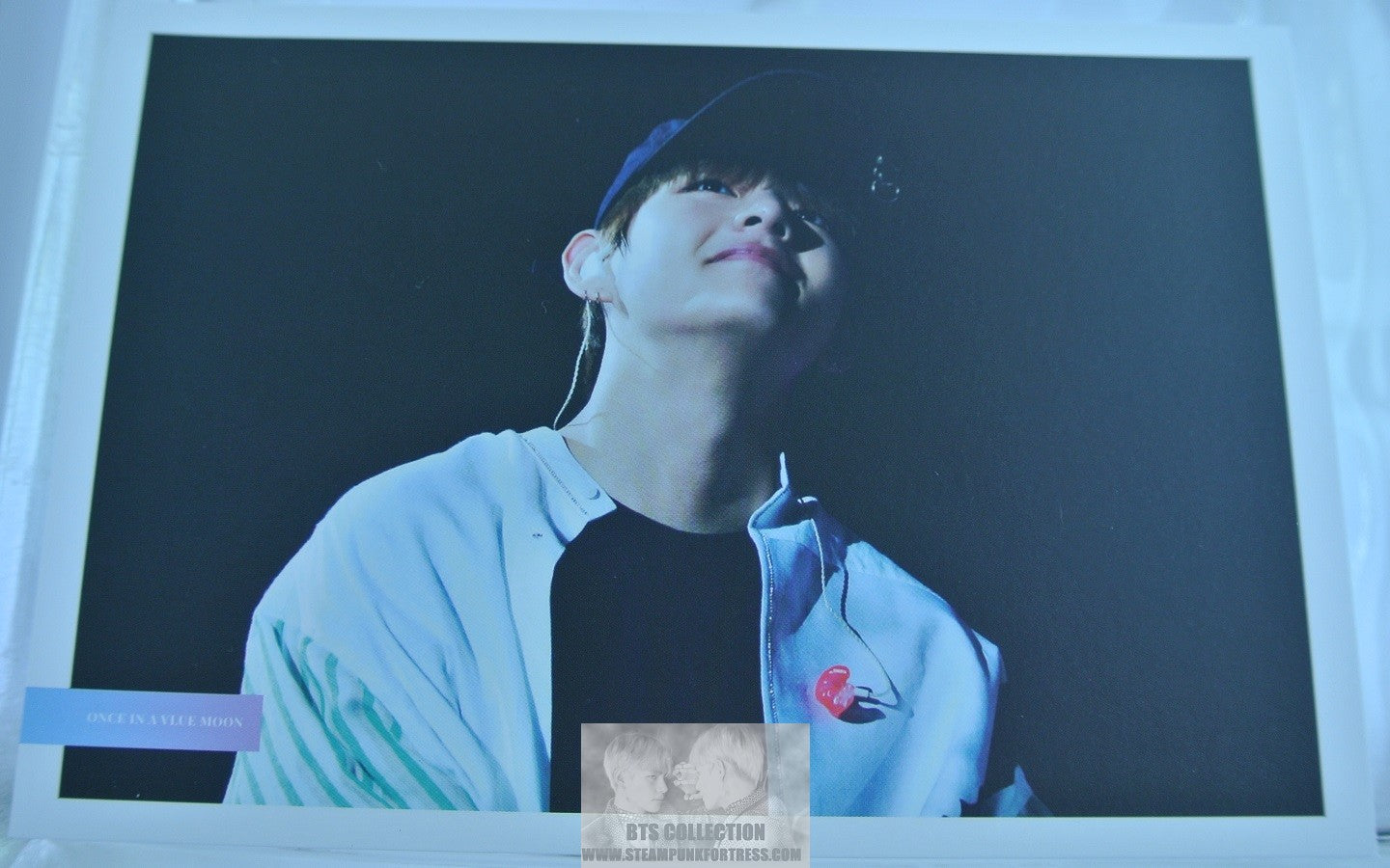 BTS POSTCARD V KIM TAEHYUNG BLACK CAP WHITE GREEN STRIPED SHIRT LOOKING UP VIA FANSITE ONCE IN A VLUE MOON PHOTO