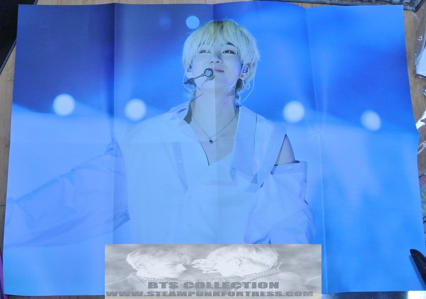 BTS V KIM TAEHYUNG POSTER 8 PAGE FANSITE PHOTO REVORN OFF SHOULDER BLUE WHITE STRIPED SHIRT