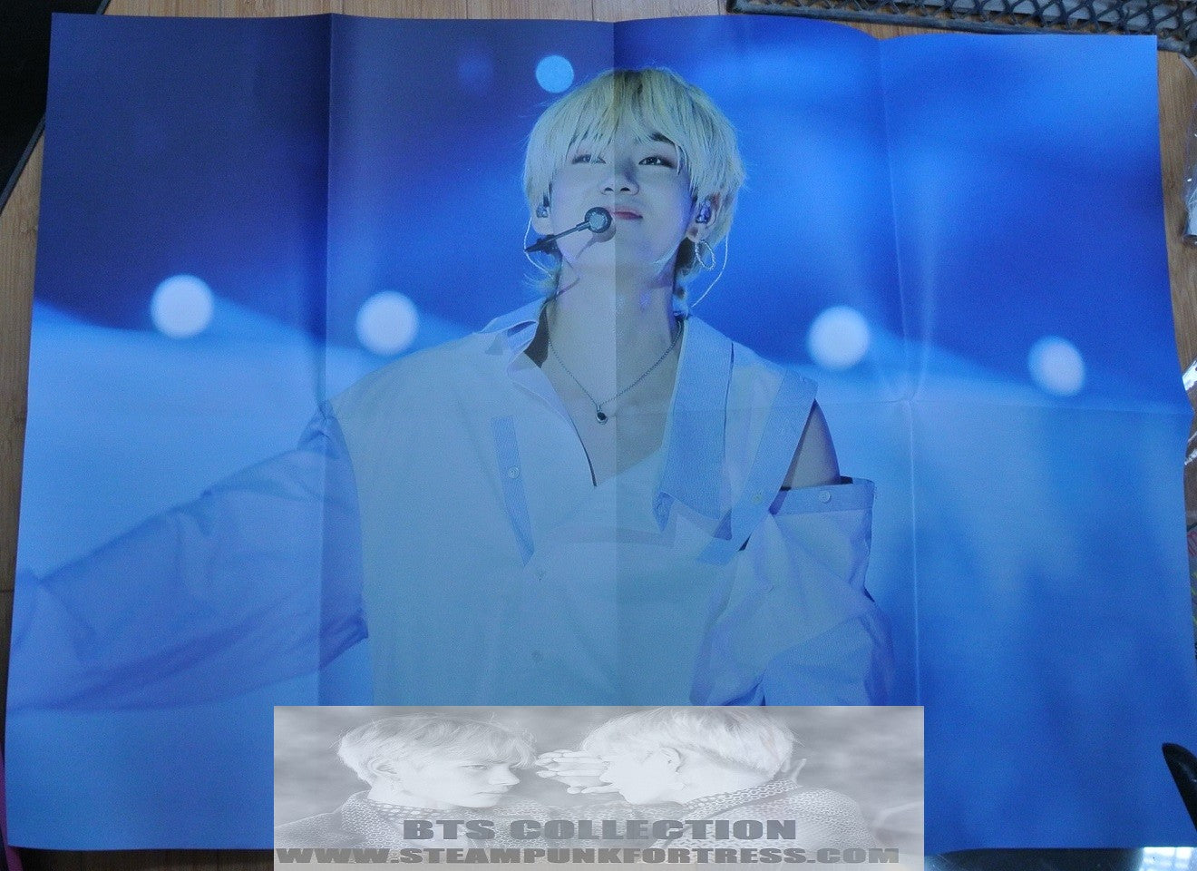 BTS V KIM TAEHYUNG POSTER 8 PAGE FANSITE PHOTO REVORN OFF SHOULDER BLUE WHITE STRIPED SHIRT