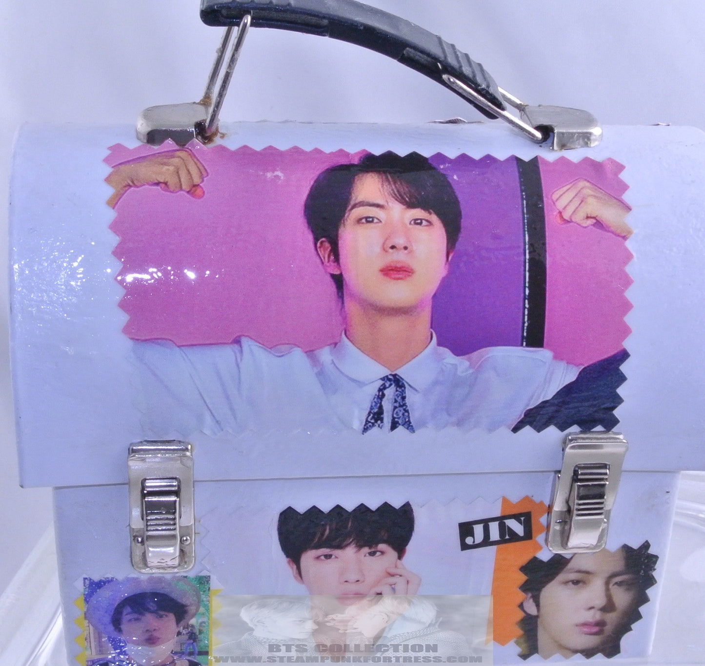 BTS KIM SEOKJIN JIN WHITE METAL BOX BAG PURSE LUNCHBOX PINK FRONT FESTA