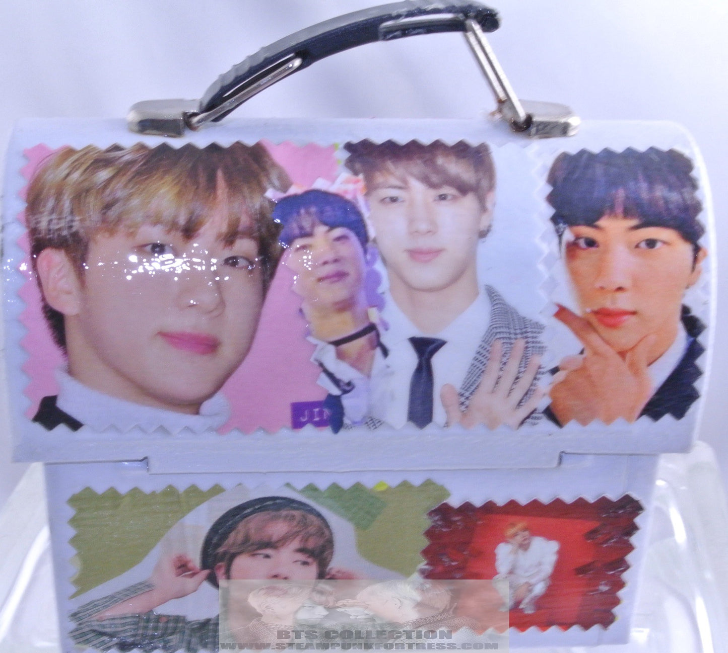 BTS KIM SEOKJIN JIN WHITE METAL BOX BAG PURSE LUNCHBOX PINK FRONT FESTA