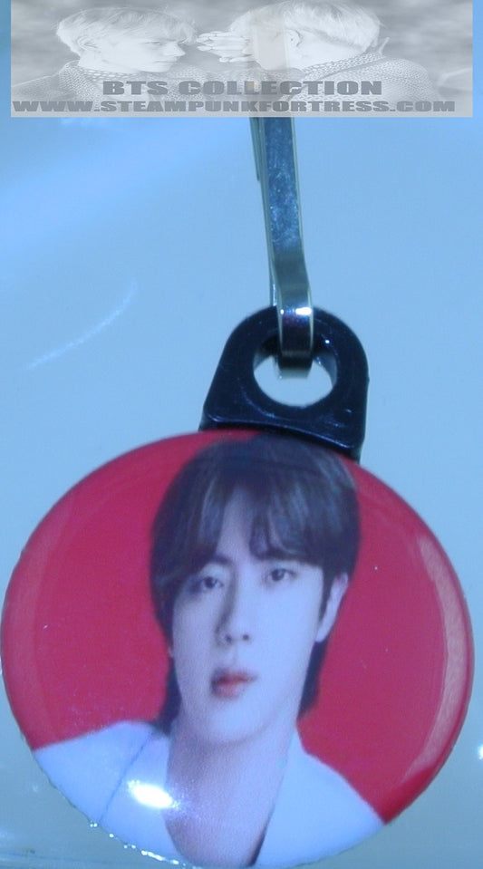 BTS BUTTON ZIPPER PULL JIN KIM SEOKJIN RED BACKGROUND PROFILE PURSE BACKPACK JACKET