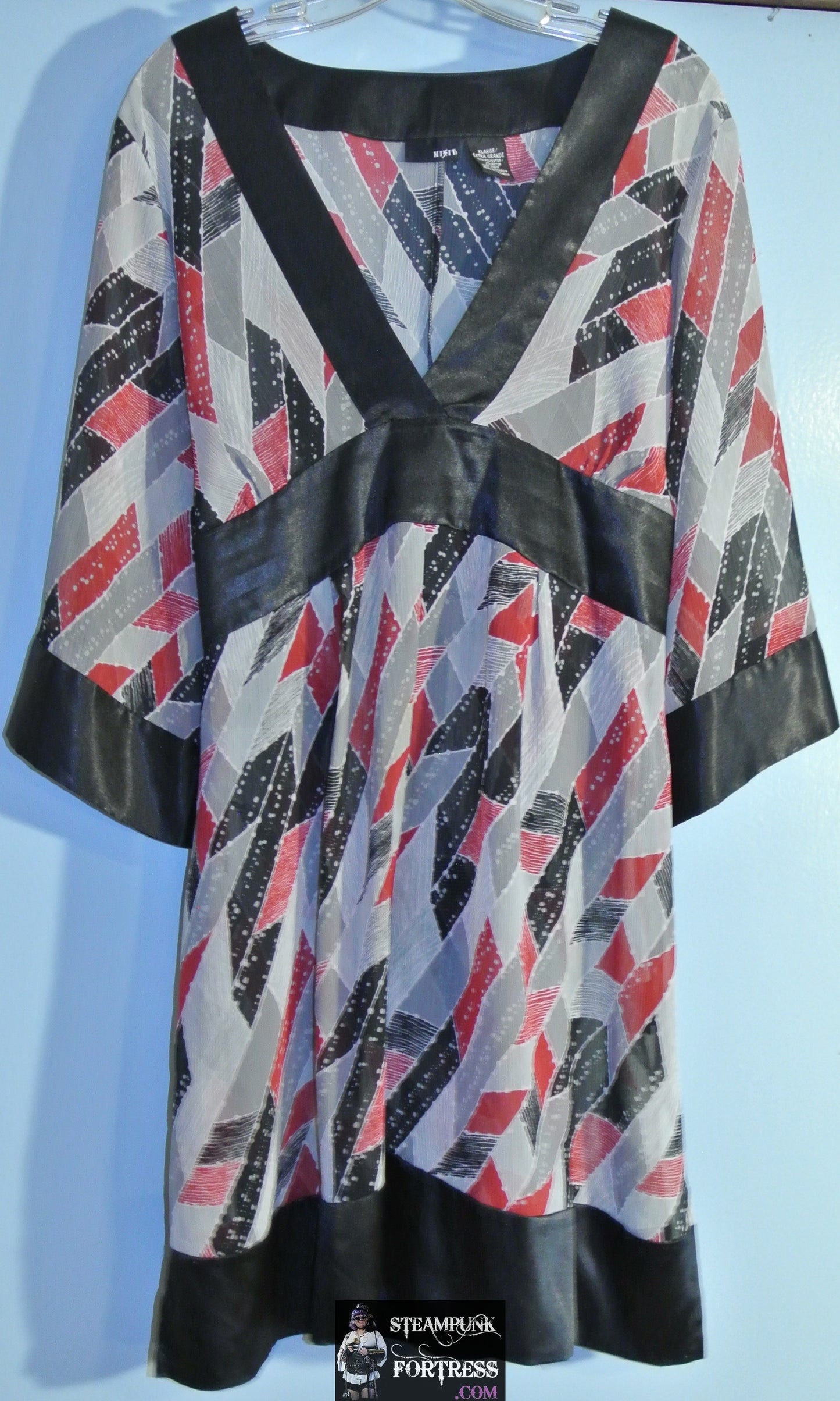 DRESS MIX IT SEMI SHEER GEOMETRIC GREY RED BLACK GRAY TIE BACK PEASANT BOHO BOHEMIAN XL