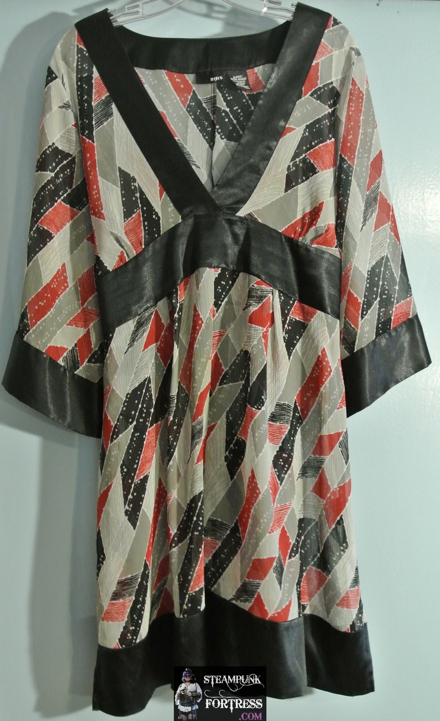 DRESS MIX IT SEMI SHEER GEOMETRIC GREY RED BLACK GRAY TIE BACK PEASANT BOHO BOHEMIAN XL