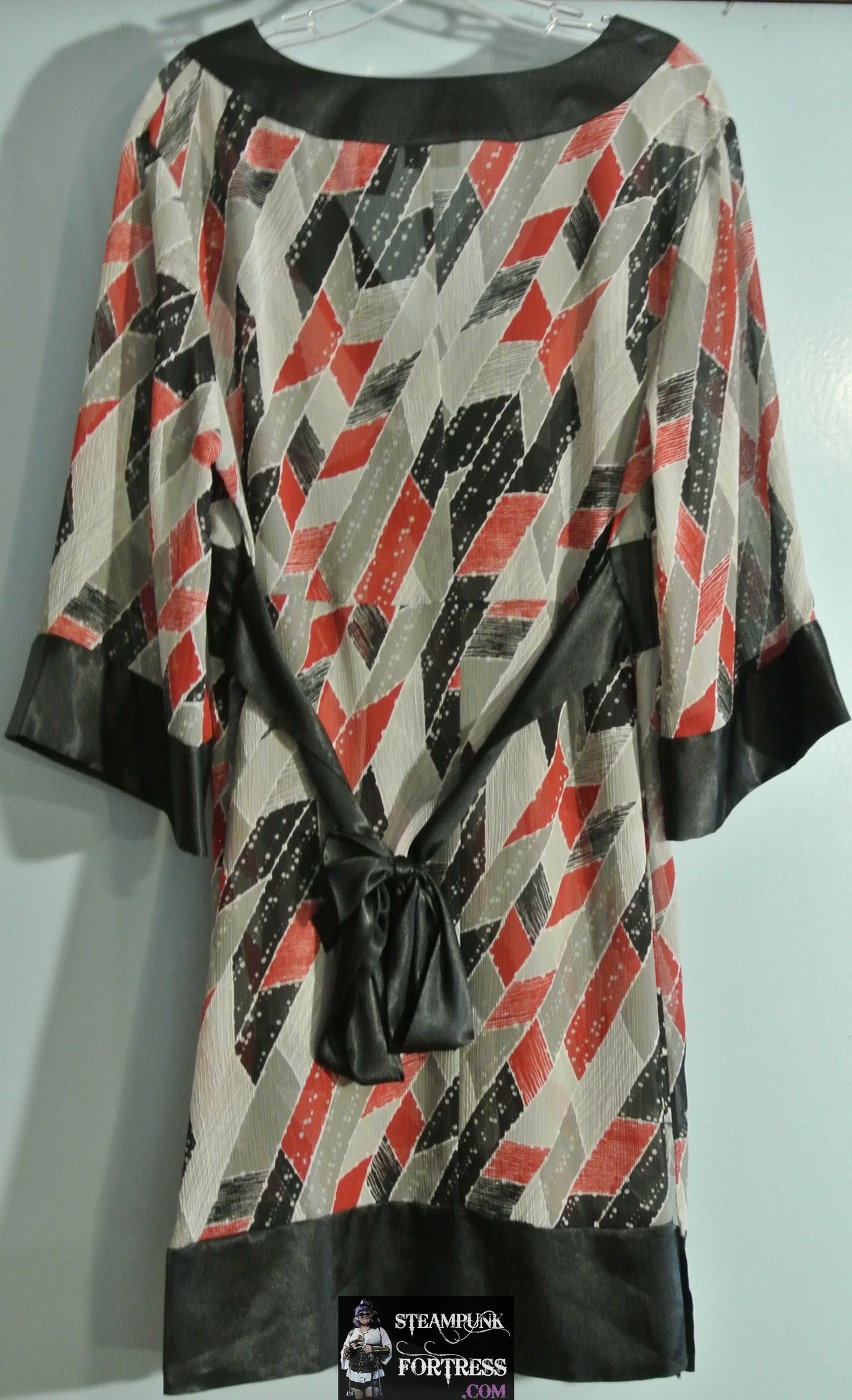 DRESS MIX IT SEMI SHEER GEOMETRIC GREY RED BLACK GRAY TIE BACK PEASANT BOHO BOHEMIAN XL