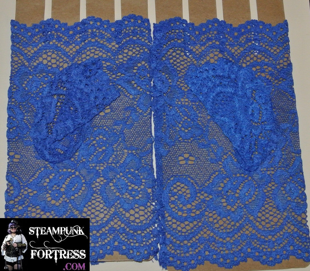 BLUE MEDIUM WRIST LENGTH LACE FINGERLESS GLOVES 80S COSPLAY COSTUME HALLOWEEN- MASS PRODUCED