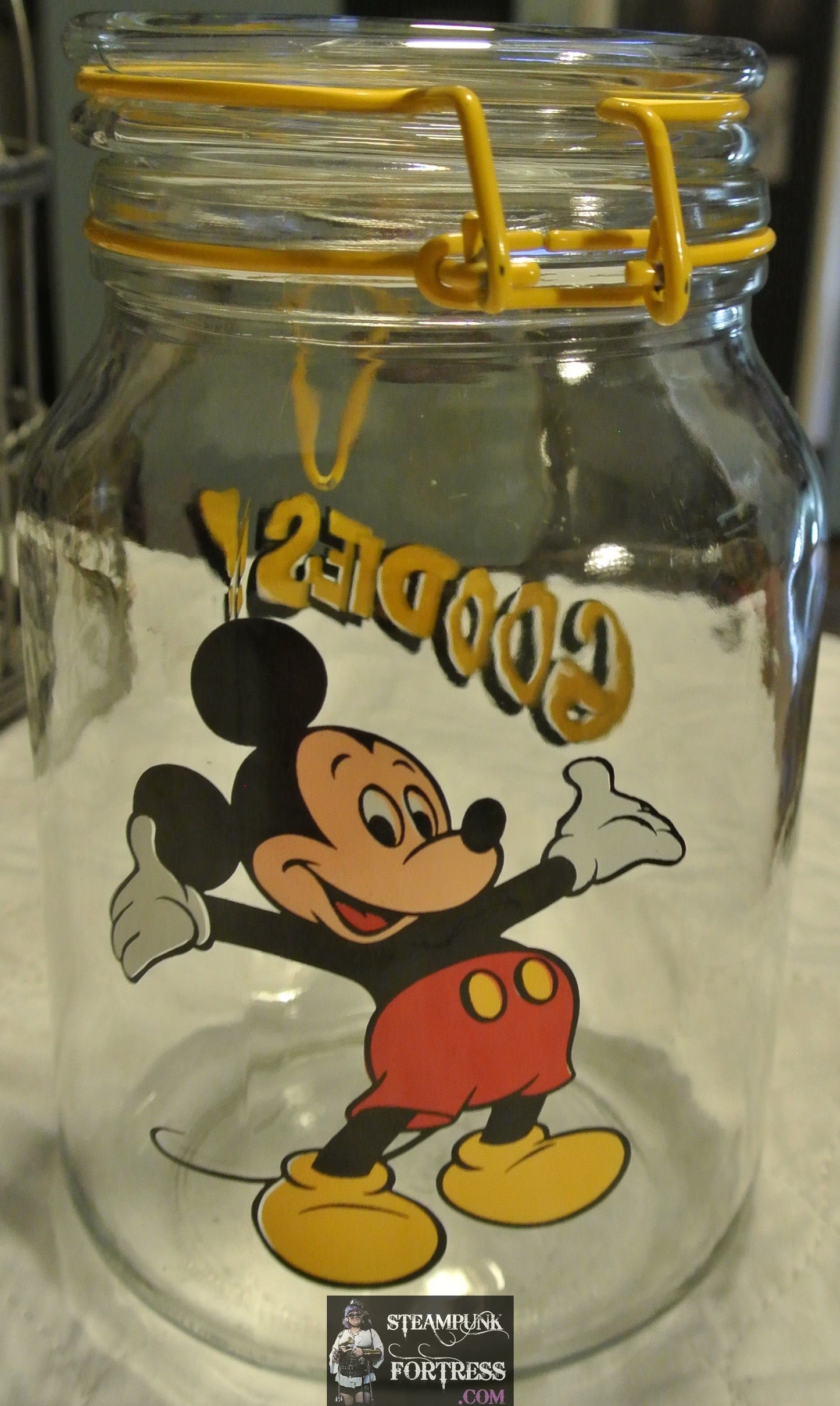 VINTAGE WALT DISNEY MICKEY MOUSE GOODIES COOKIE MASON JAR YELLOW CLOSURE OFFICIAL