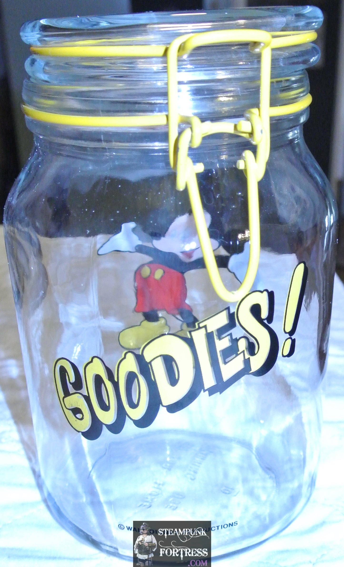 VINTAGE WALT DISNEY MICKEY MOUSE GOODIES COOKIE MASON JAR YELLOW CLOSURE OFFICIAL