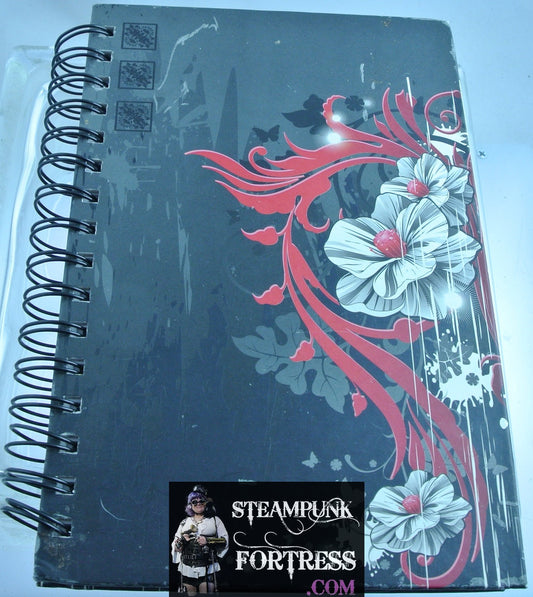 NOTEBOOK SPIRAL HARDCOVER BLACK WITH WHITE RED FLOWERS 170 LINED PAGES TOTAL TWILIGHT